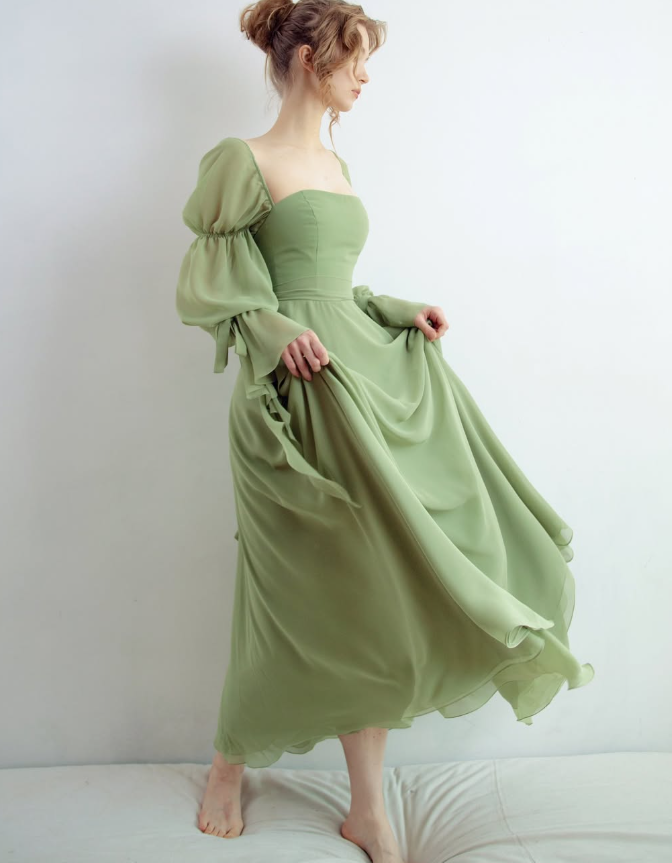 Princess Green A Line Long Sleeve Chiffon Long Prom Dress Evening Dress DP2801