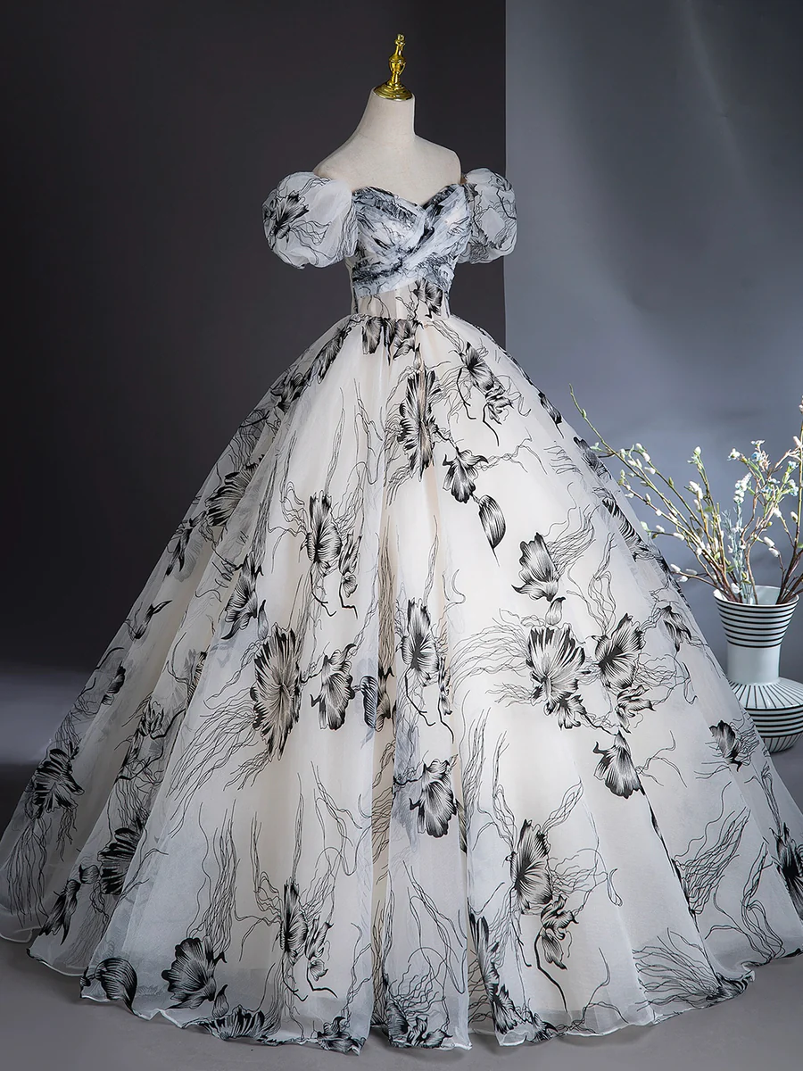 Elegant Printing Floor Length Prom Dress Off the Shoulder Puffy Short Sleeves Ball Gown DP310