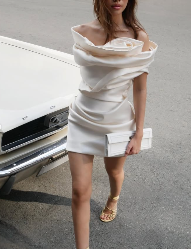 Cute Sheath Off the Shoulder White Satin Short Homecoming Dress Birthday Dress DP1810
