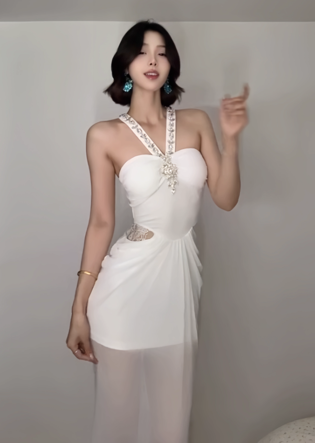 White Elegant Simple Halter Beaded Chiffon Party Dress Date Dress Evening Dress DP2959