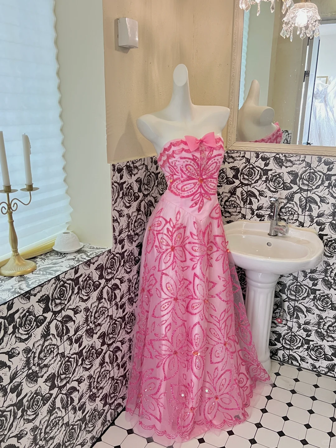 Barbie Pink A Line Strapless Exquisite Beaded Sequin Tulle Long Prom Dress Formal Dress DP3329