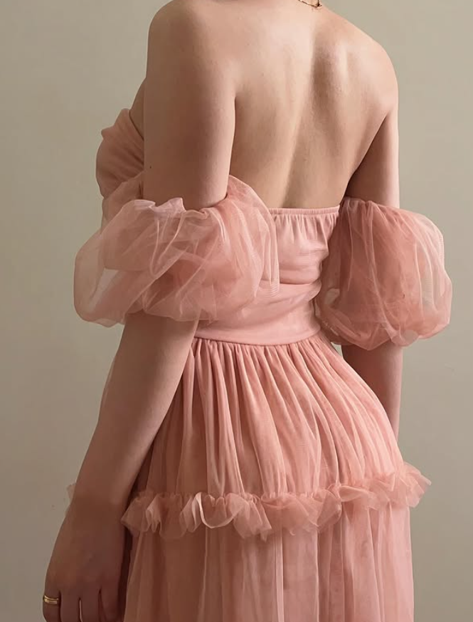 Princess Pink A Line Off the Shoulder Tulle Backless Prom Dress Evening Dress DP6489