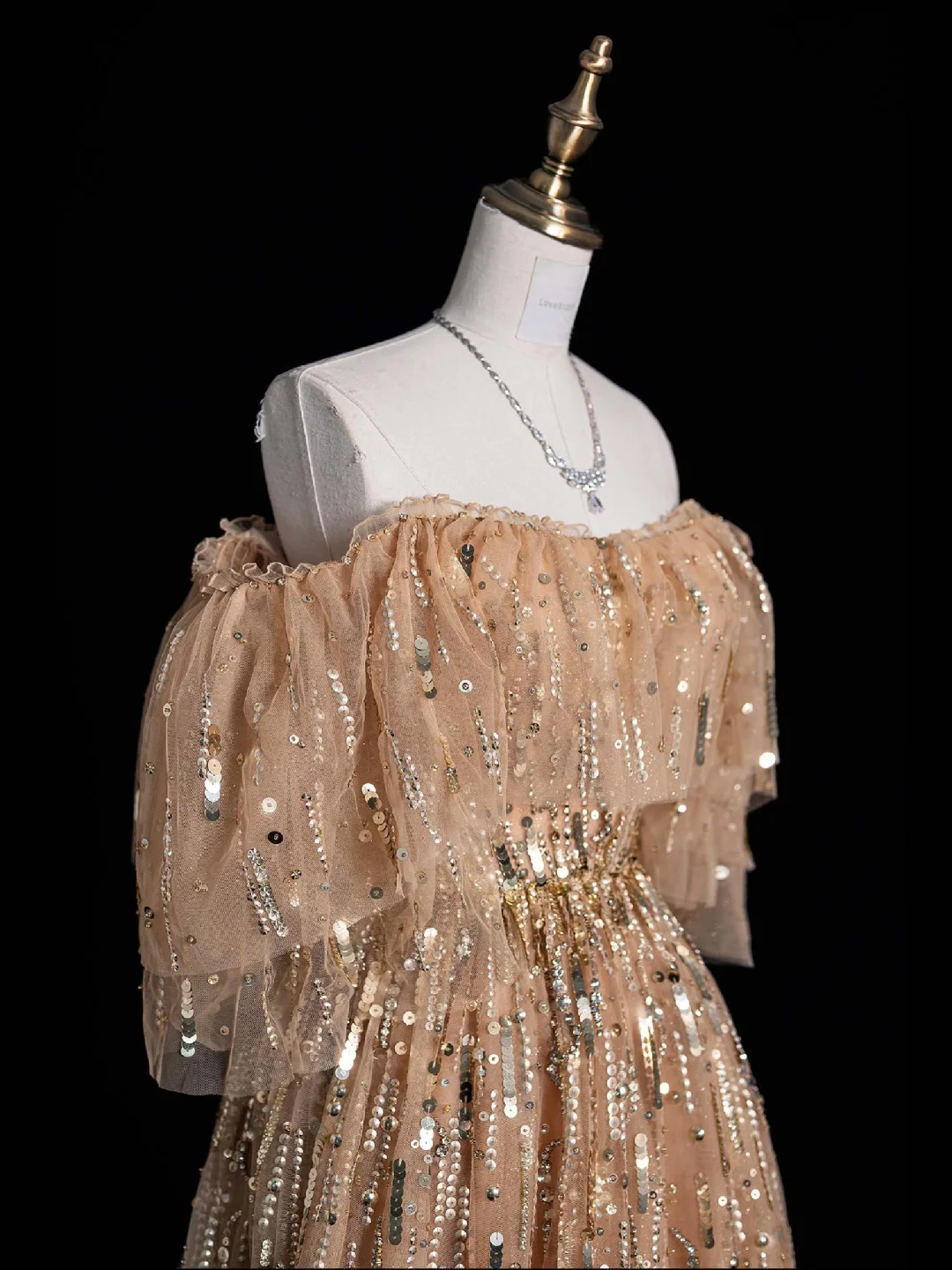 Elegant A Line Off the Shoulder Sequin Champagne Tulle Long Prom Dress Graduation Prom Dress DP2012