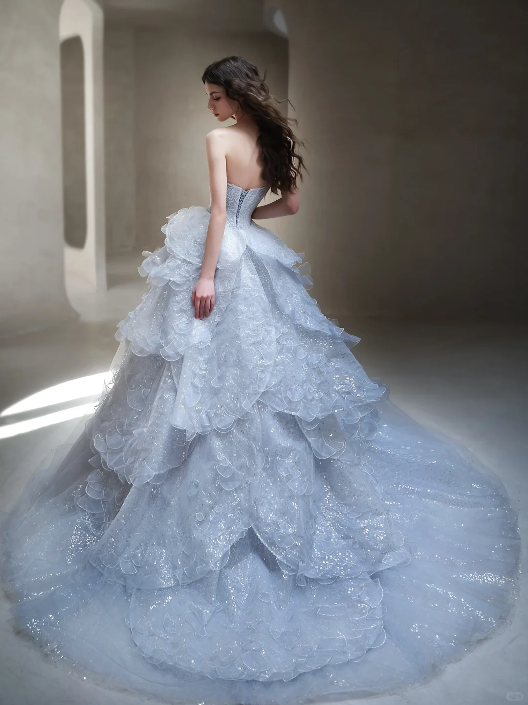 Light Blue Ball Gown Strapless Sequin Layered Long Prom Dress Evening Dress Formal Gown DP3434