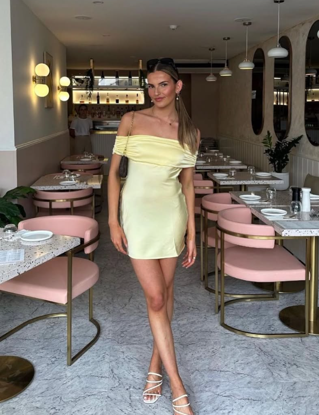 Light Yellow Sheath Off the Shoulder Satin Short Homecoming Dress Outfits DP1504