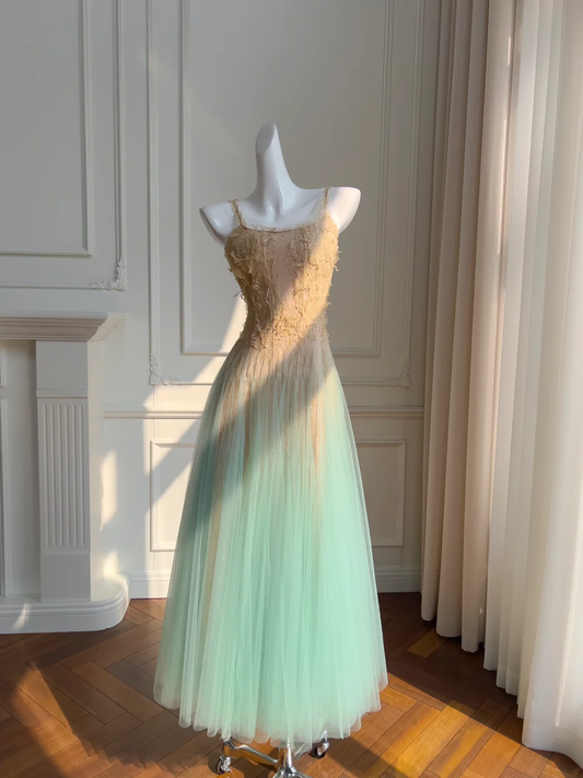 Stunning A Line Spaghetti Strap Brown Lace Green Tulle Prom Dress Evening Dress DP2493