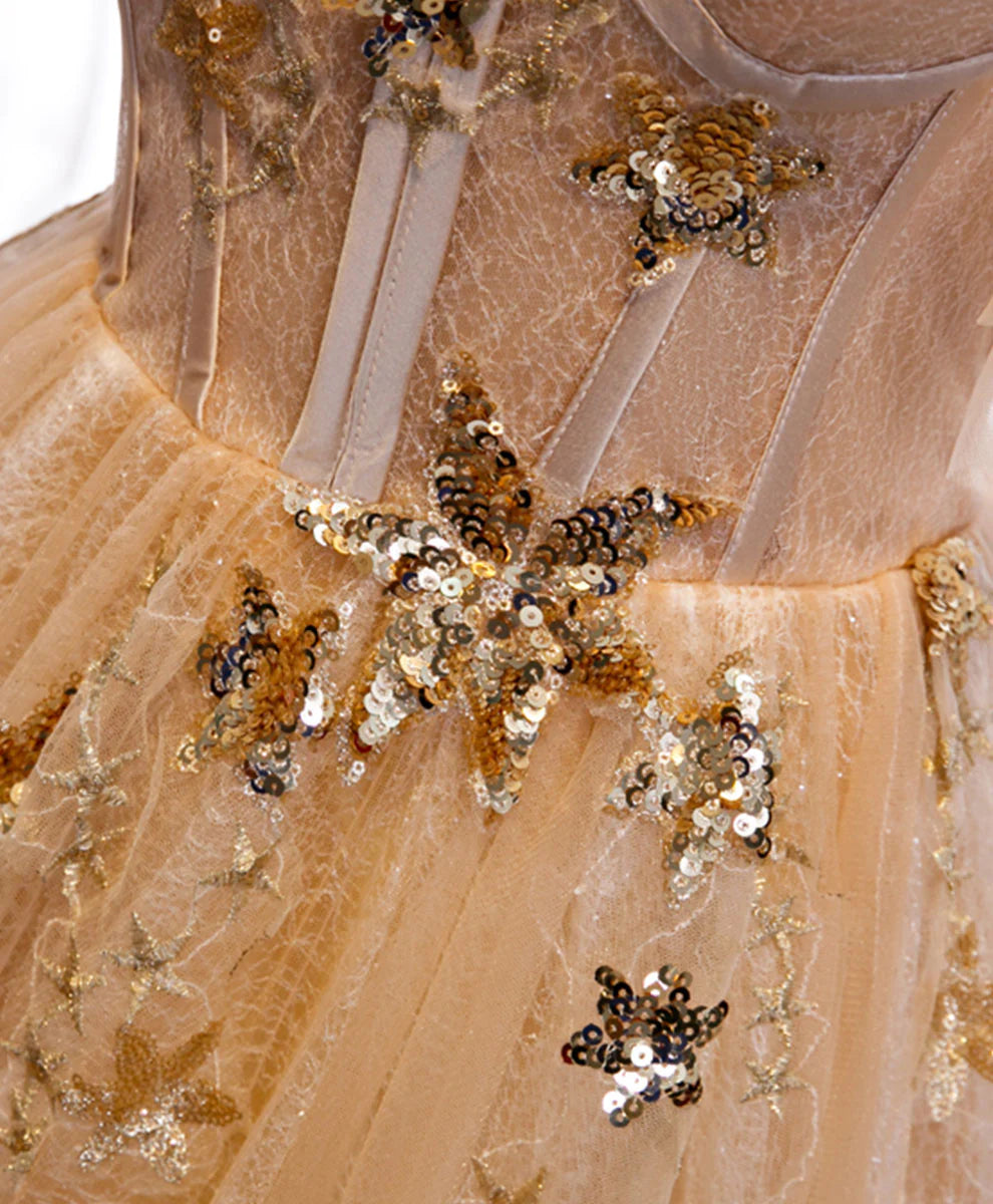 Champagne Round Neck Star Sequins Tulle Lace Long Prom Dress Formal Dress DP1162