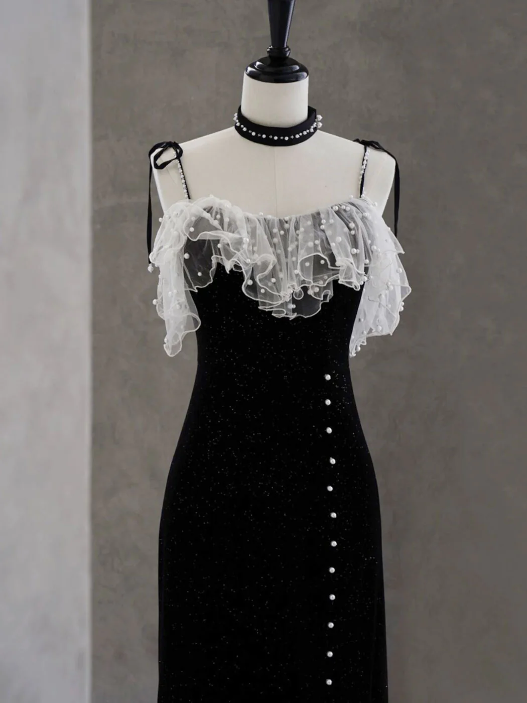 Black Velvet Beaded Sheath Midi Prom Dress Evening Dress DP056