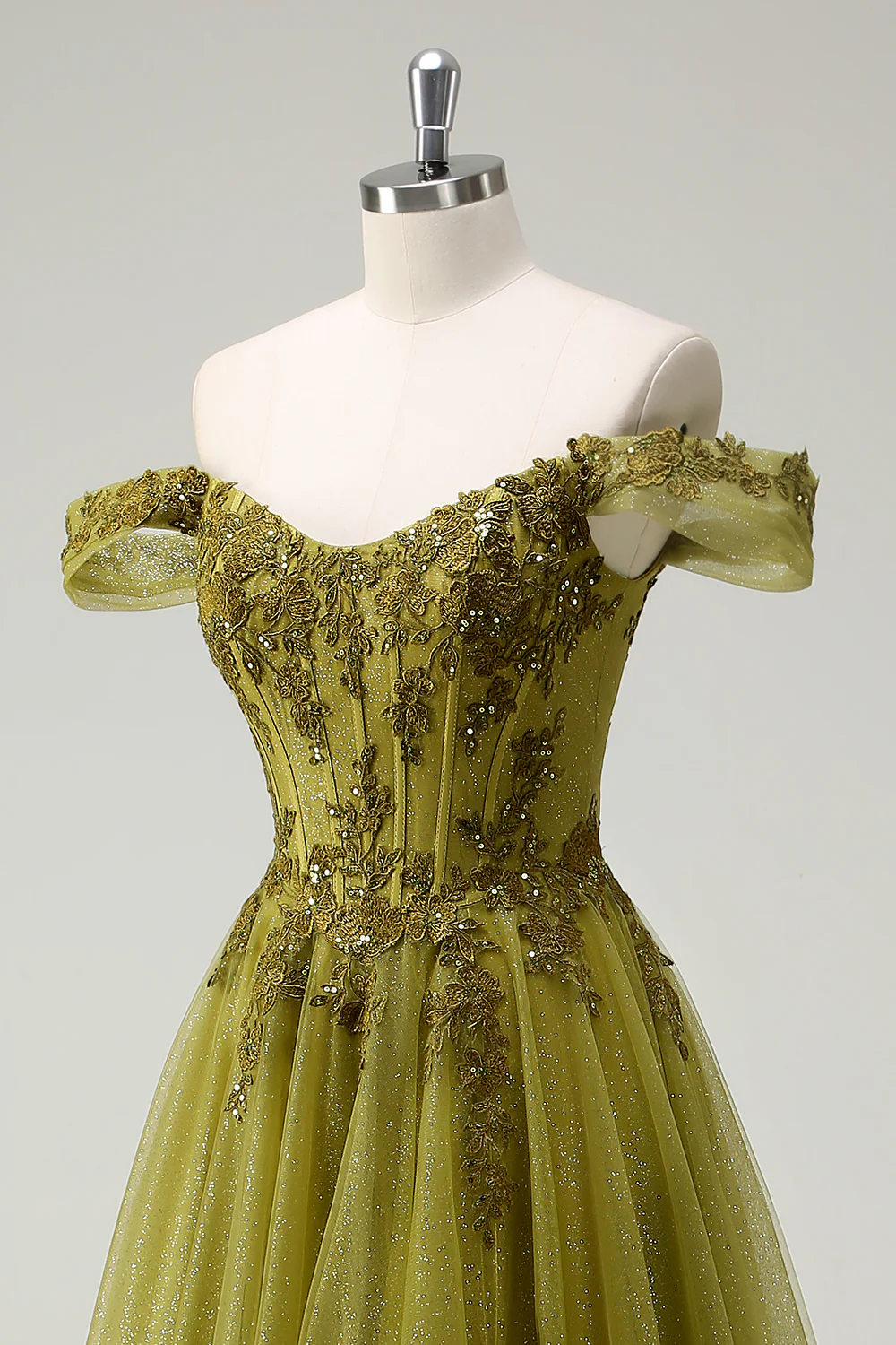 Green A Line Off the Shoulder Appliques Tulle Long Prom Dress Evening Dress DP1473