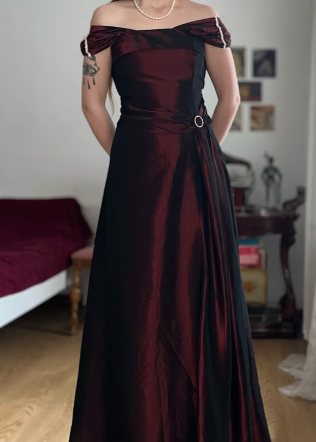 Vintage Dark Burgundy A Line Satin Prom Dress Evening Dress Date Dress DP5705