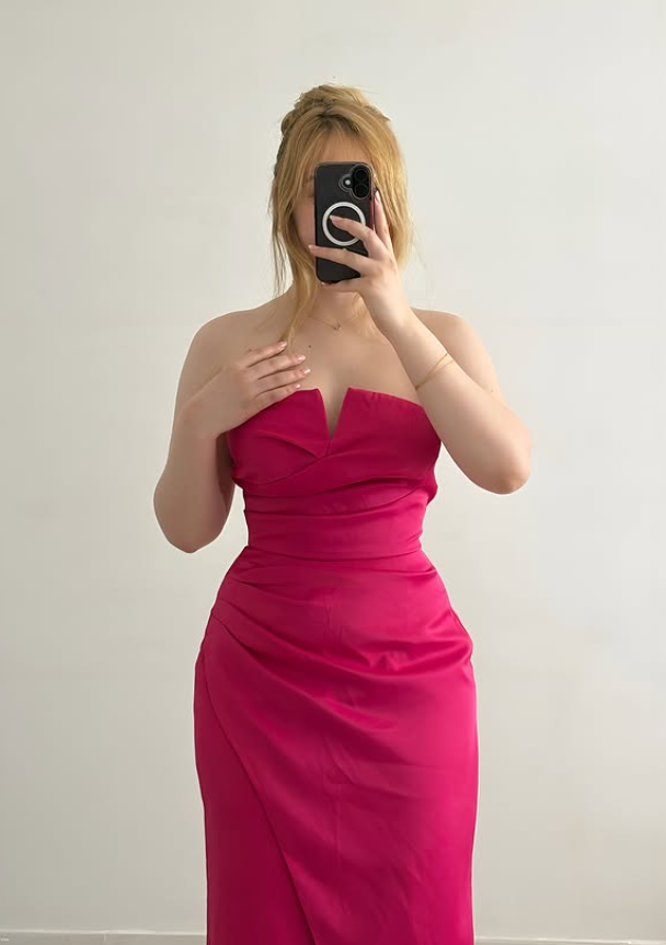 Hot Pink Sheath Strapless Satin Prom Dress Evening Dress DP6043