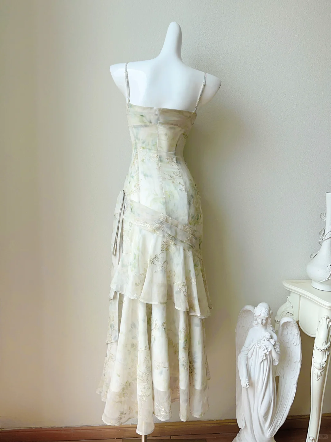 Green A Line Spaghetti Straps Ruffle Print Flower Chiffon Party Dress Cocktail Dress DP2707
