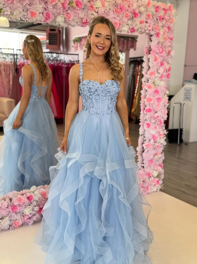 Blue A Line Spaghetti Strap Appliques Tulle Long Prom Dress Evening Dress DP6780