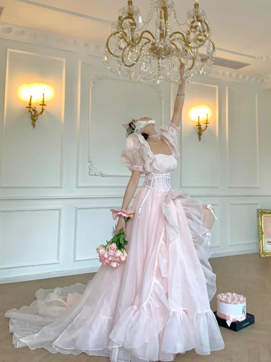 Light Pink Ball Gown Puff Ruffle Chiffon Long Party Dress Birthday Dress with Slit DP2501
