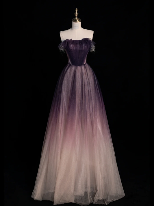 New A Line Off the Shoulder Purple Ombre Tulle Prom Dress Graduation Prom Dress DP2149