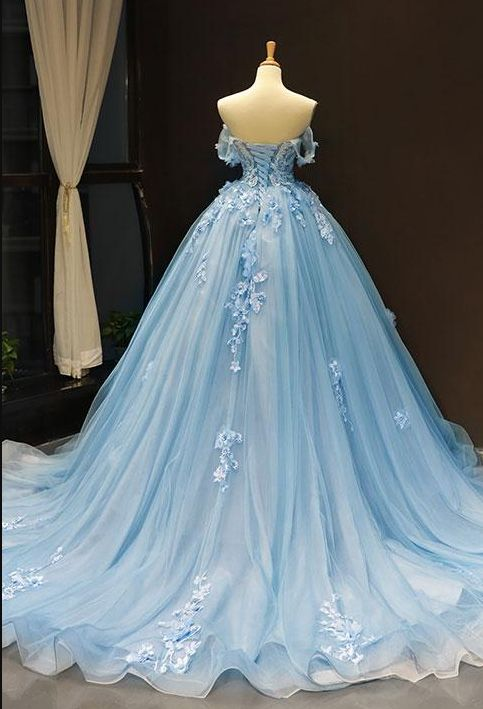 Blue Off Shoulder Prom Dress Quinceanera Dress Flowers Applique Ball Gown DP119
