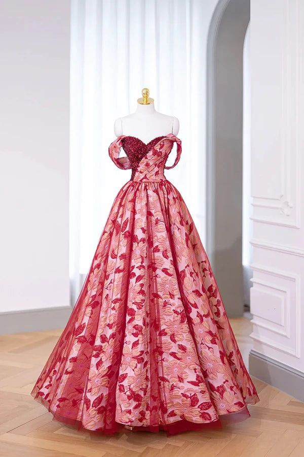 Burgundy A Line Off-the-shoulder Sequins Printing Floor Length Prom Dress DP823