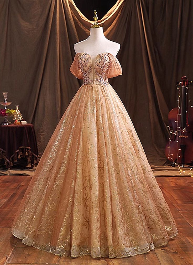 Gold A Line Off-the-shoulder Sequin Tulle Long Ball Gown Formal Dress DP888