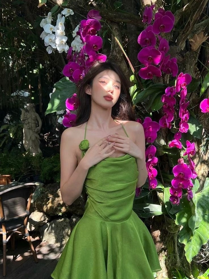 Cute A Line Halter Green Satin Short Open Back Party Dress Homecoming Dresses DP2353