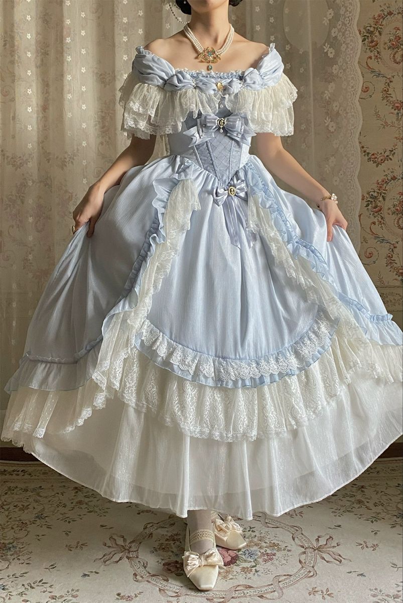 Ball Gown Off the Shoulder Layered Lace Blue Satin Prom Dress 18th Birthday Dress DP3384