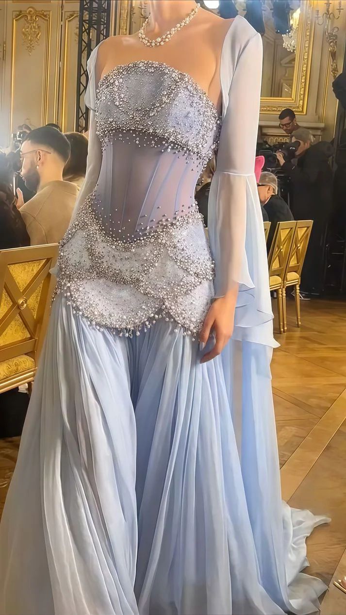 Sexy A Line Off The Shoulder Maxi Long Party Light Blue Chiffon Prom Dresses Evening Dress DP2941