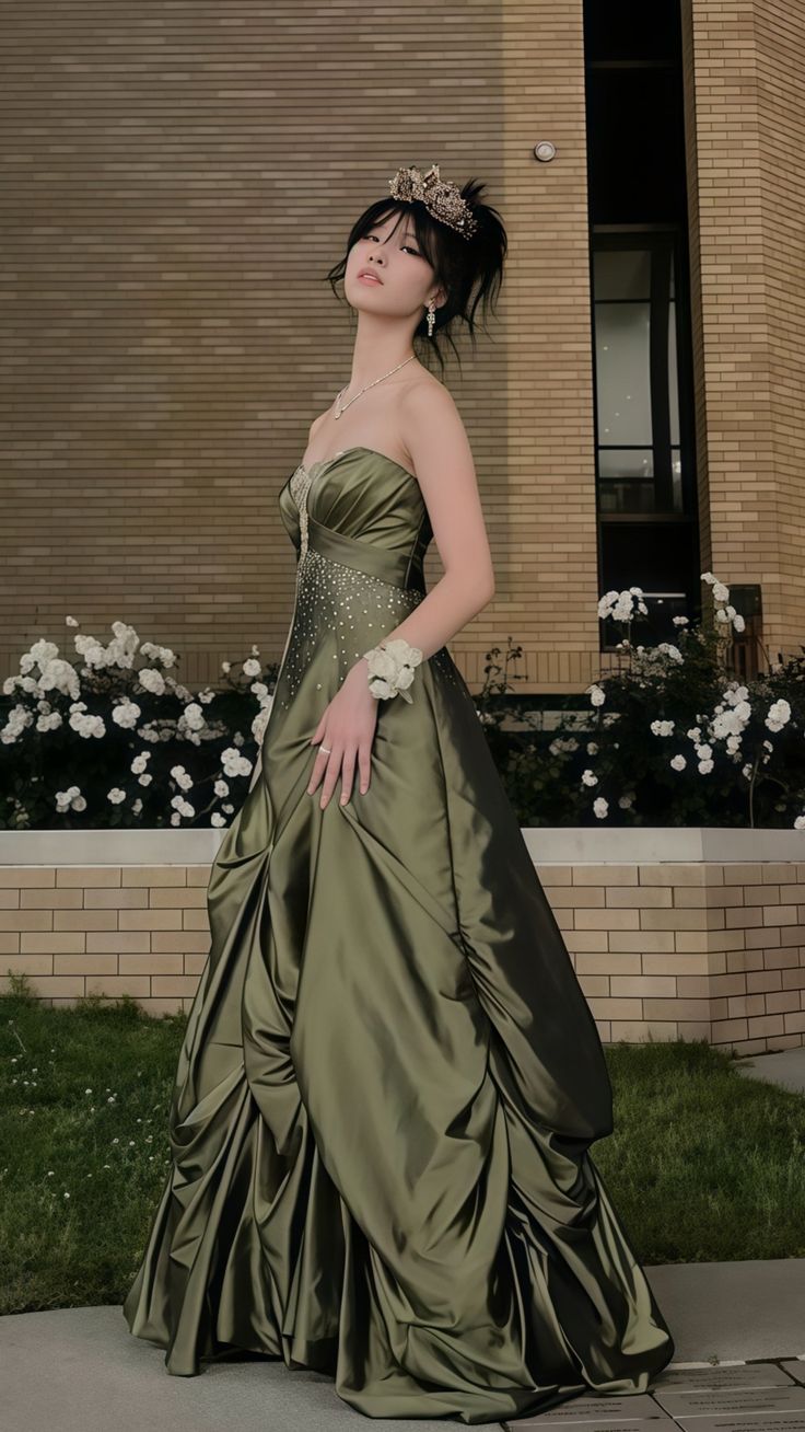 Pretty Green A-Line Strapless Satin Long Prom Dresses With Silver Beads DP1974