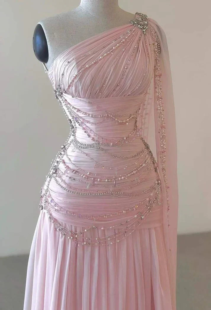 Elegant A Line One Shoulder Beaded Pink Chiffon Long Sweep Prom Dress Evening Dress DP2227