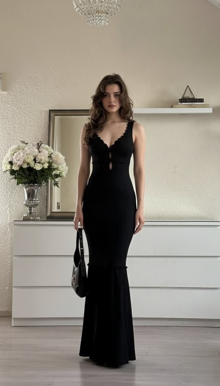 Classic Mermaid V Neck Black Satin Long Prom Dress Evening Dress DP6735