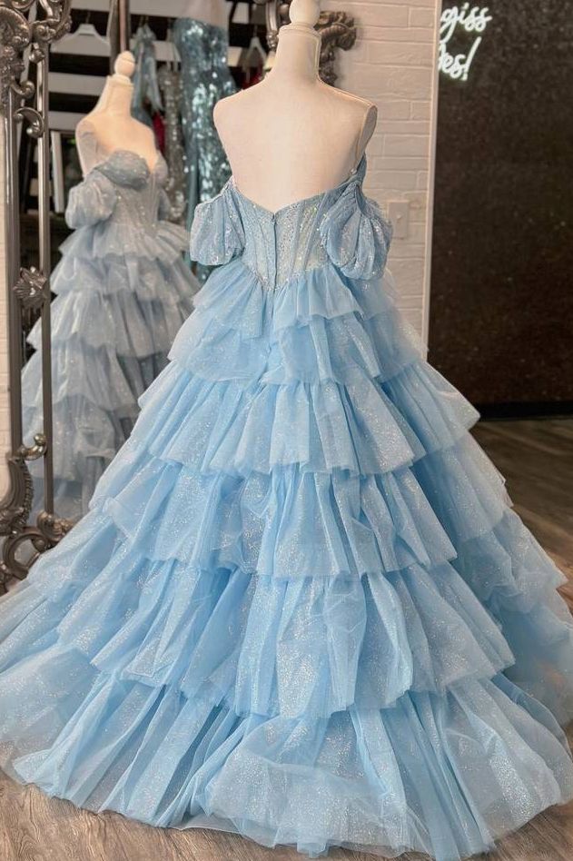A Line Off the Shoulder Sequins Layered Blue Tulle Prom Dress with Slit DP1207