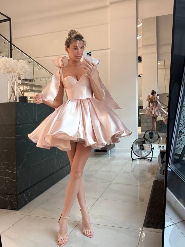 Cute Light Pink A Line Bow Straps Satin Short Prom Dress Homecoming Dress DP6105