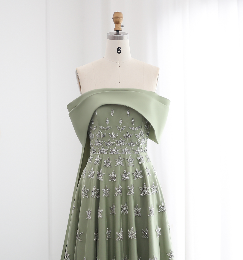 Elegant A Line Off the Shoulder Beaded Green Satin Prom Dress Evening Dress DP1904