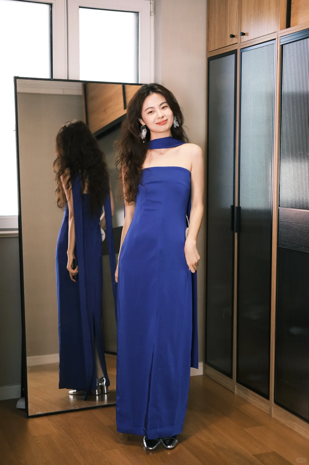 Simple A Line Strapless Blue Satin Long Party Dress Evening Dress DP2409