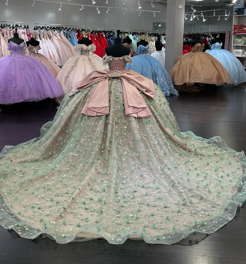 Pink Green Off the Shoulder Corset Sequin Tulle Ball Gown Sweet 16 Dress Quinceanera Dress DP1839