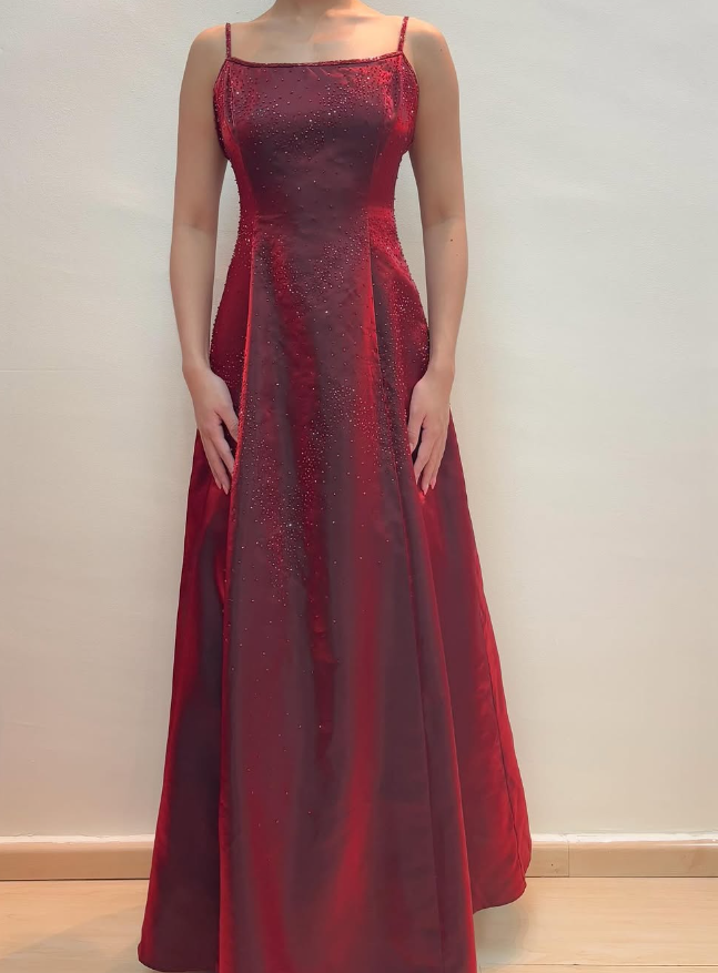 Vintage A Line Spaghetti Strap Beaded Burgundy Satin Long Prom Dress Evening Dress DP1789