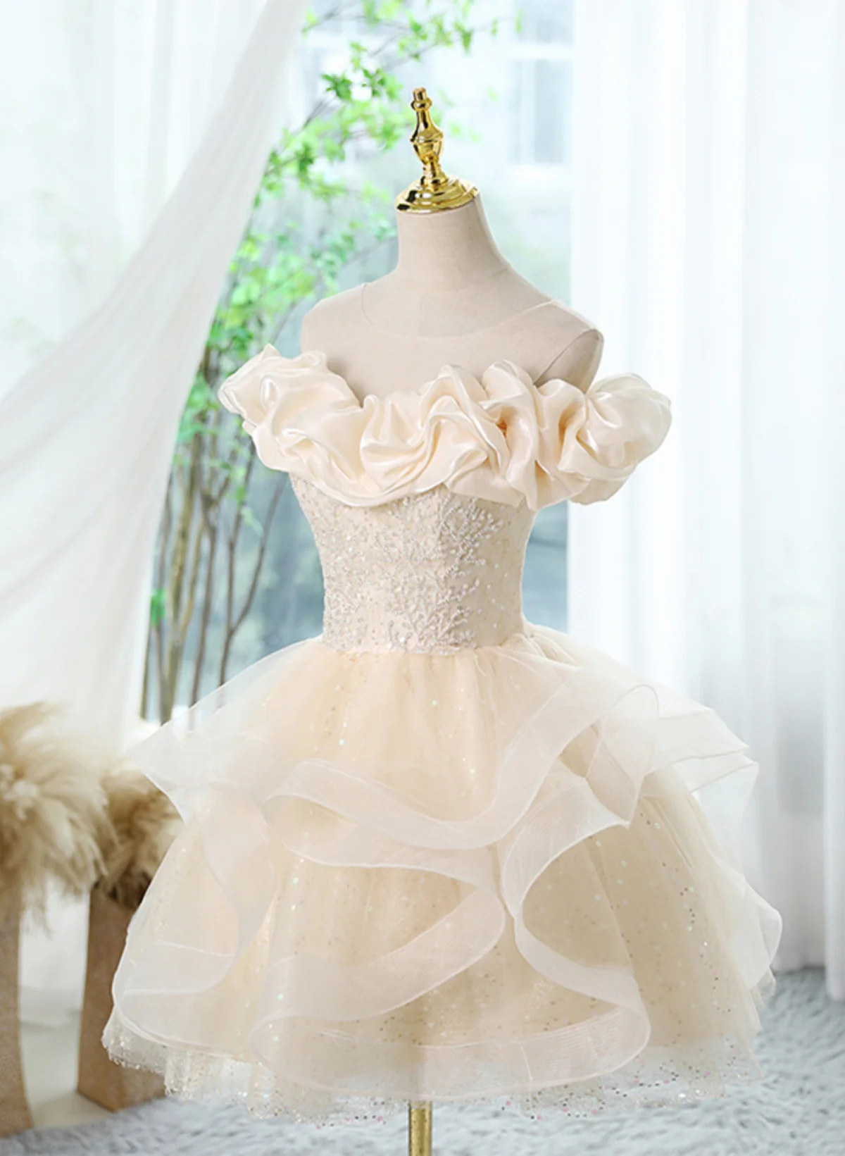 Cute Light Champagne Off Shoulder Homecoming DressTulle Short Prom Dress DP304