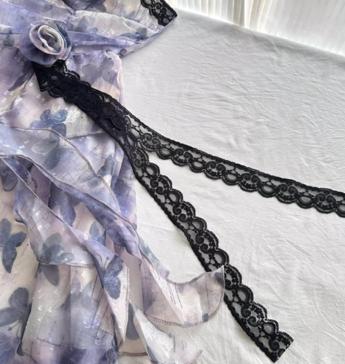 Purple Butterfly A Line Spaghetti Strap Ruffle Chiffon Vacation Dress Summer Dress Outfits DP3559