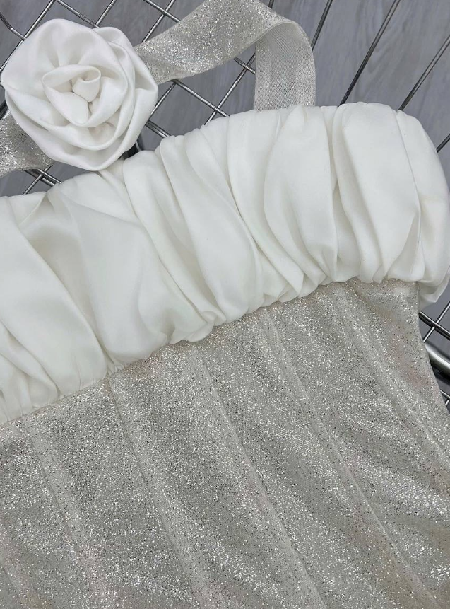 Cute Strapless Silver Sequin White Satin Short Homecoming Dress Date Dress DP2957