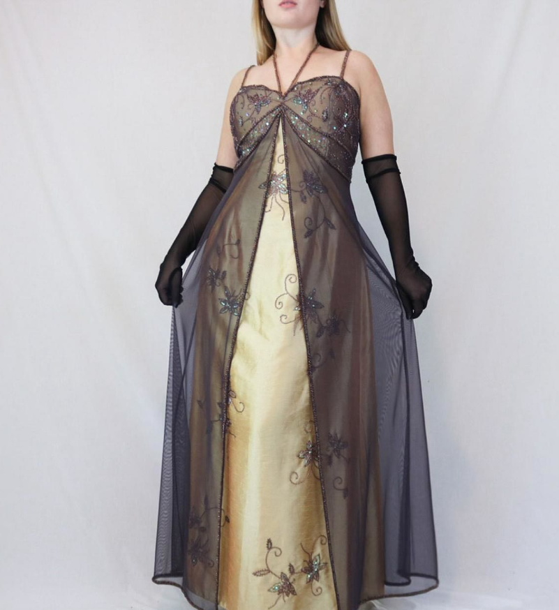 Vintage A Line Spaghetti Strap Beaded Brown Tulle Yellow Satin Prom Dress Party Dress DP3116
