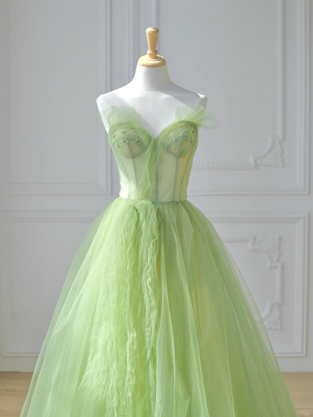 Green A Line Sweetheart Neck Beaded Tulle Long Prom Dress Party Dress DP2723