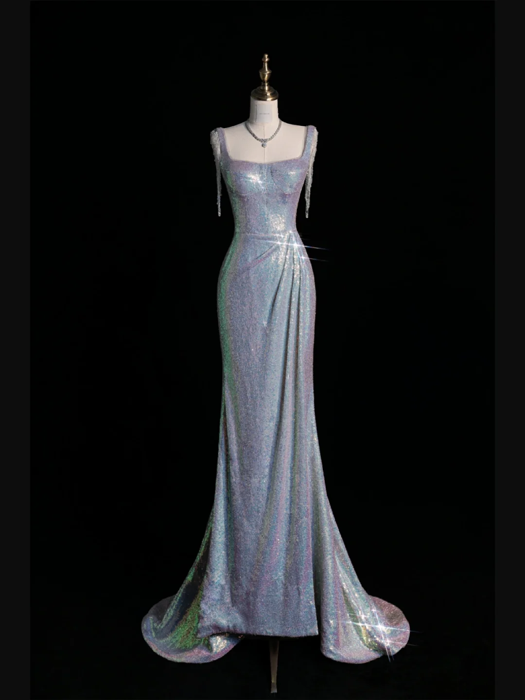 Shiny Mermaid Straps Beaded Sequin Long Sweep Prom Dress Graduation Prom Dress DP2194