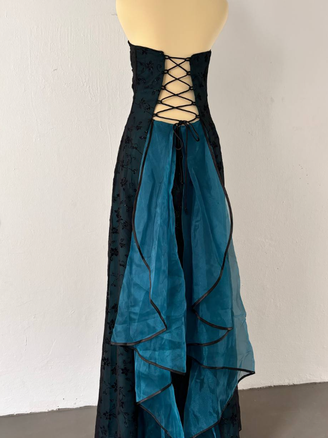 Vintage A Line Strapless Appliques Black Blue Tulle Prom Dress Graduation Prom Dress DP2257