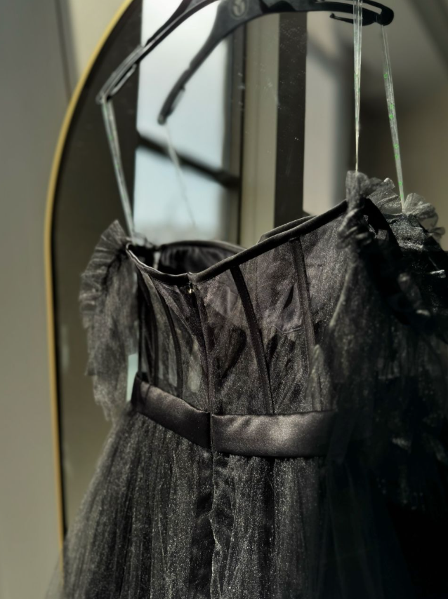 Black A Line Straps Corset Layered Tulle Prom Dress Party Dress Evening Dress DP3381