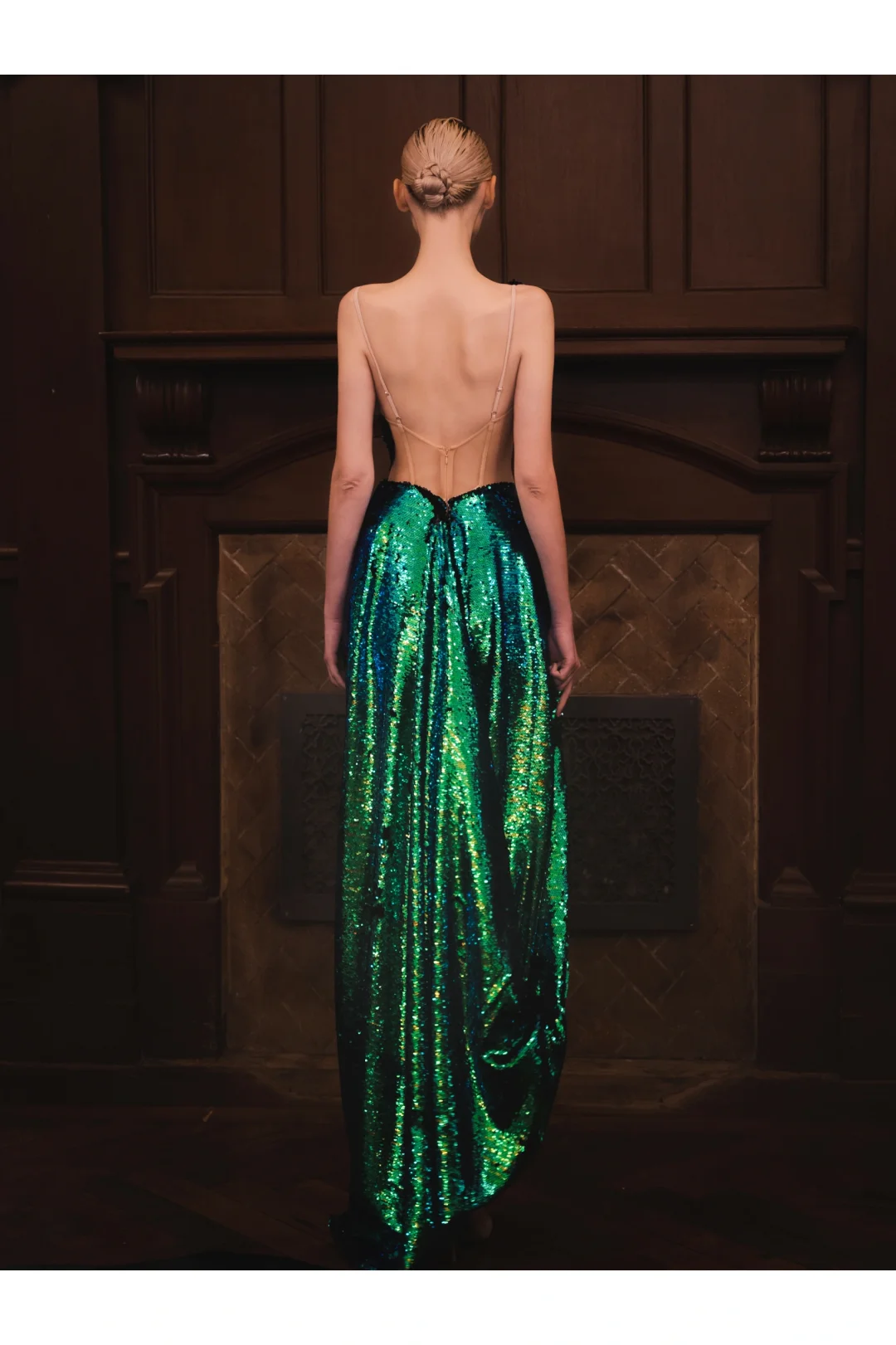 Green A Line Straps Sequin Open Back Prom Dress Wedding Party Dress DP2627