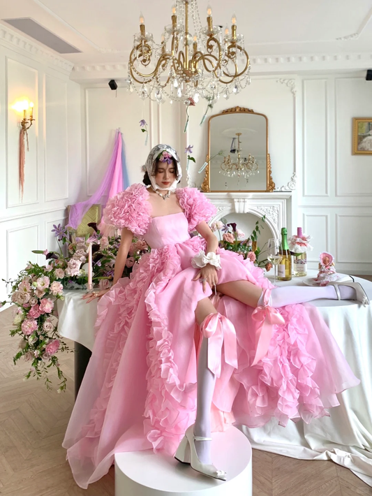 Pink Ball Gown Puff Flower Chiffon Long Party Dress Birthday Dress with Slit DP2502