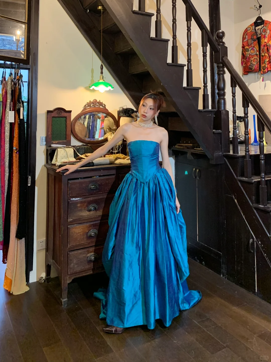 Vintage A Line Strapless Blue Satin Long Party Dress Evening Dress DP2438