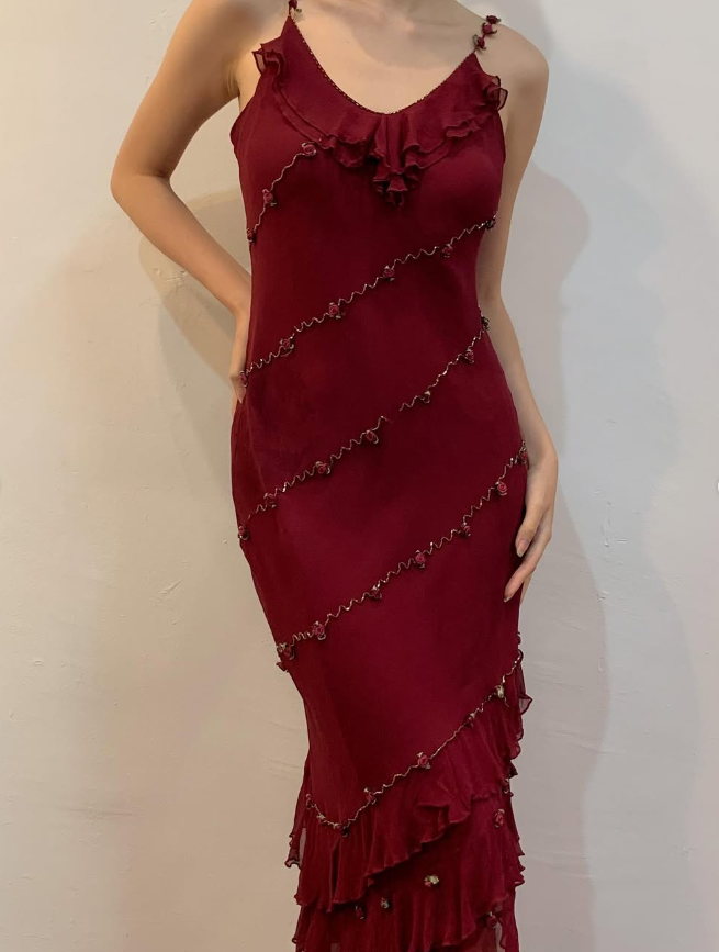 Vintage Sheath Spaghetti Strap Ruffle Beaded Burgundy Chiffon Prom Dress Evening Dress DP1635