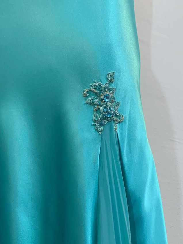 Vintage Mermaid Spaghetti Strap Appliques Blue Satin Prom Dress Evening Dress DP1621