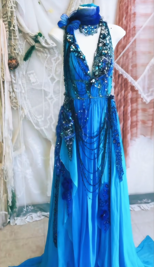 Blue Exquisite Beaded A Line V Neck Floral Chiffon Prom Dress 16th Birthday Dress DP3800