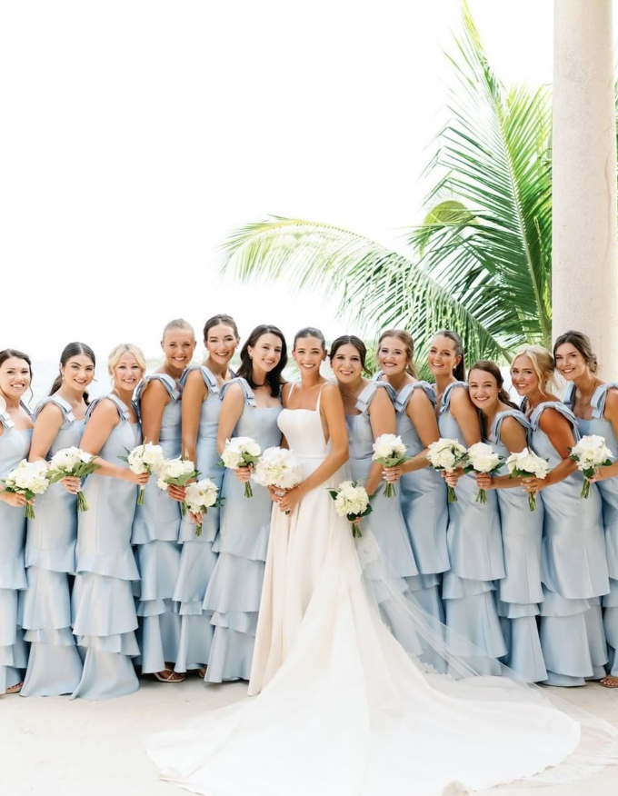 Baby Blue Mermaid Straps Tiered Satin Prom Dress Bridesmaid Dress DP2168