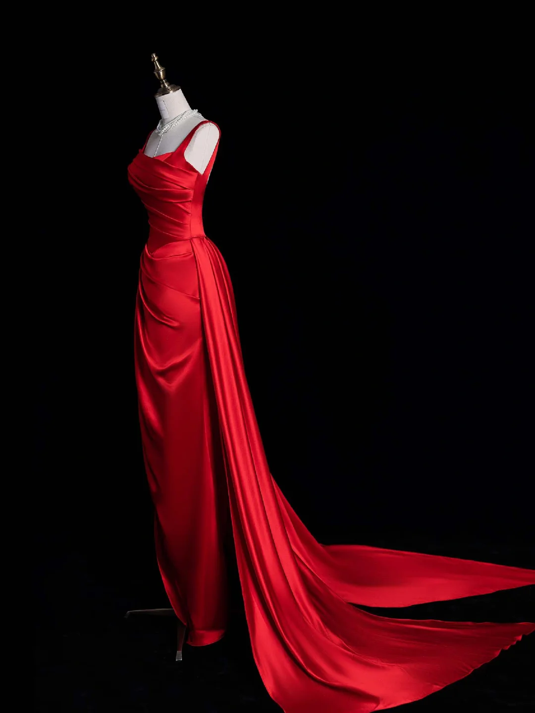 Elegant A Line Strap Red Satin Long Sweep Prom Dress Graduation Prom Dress with Slit DP2210